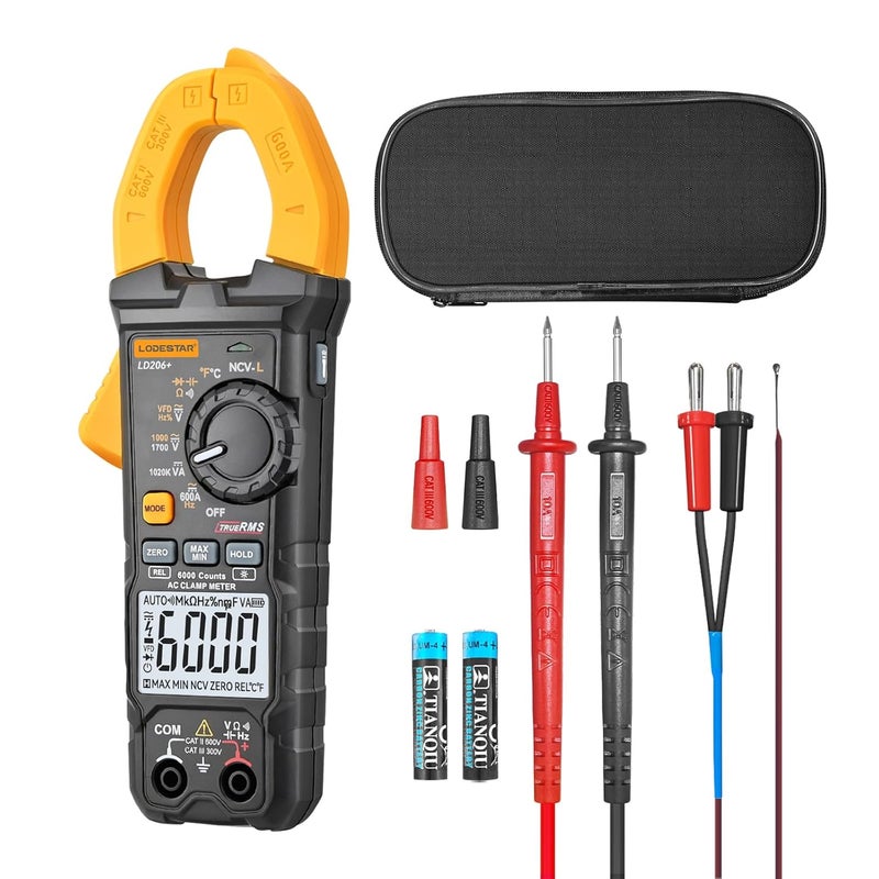 KDator Digital Clamp Meter 6000 Counts Voltage Tester with Auto Range,AC/DC High Voltage,AC/DC Current,DC Power, ACV VFD, Resistance, Capacitance, Diode, Live Wire Test, NCV, True RMS,AC Current Meter LD206+ - Image 1